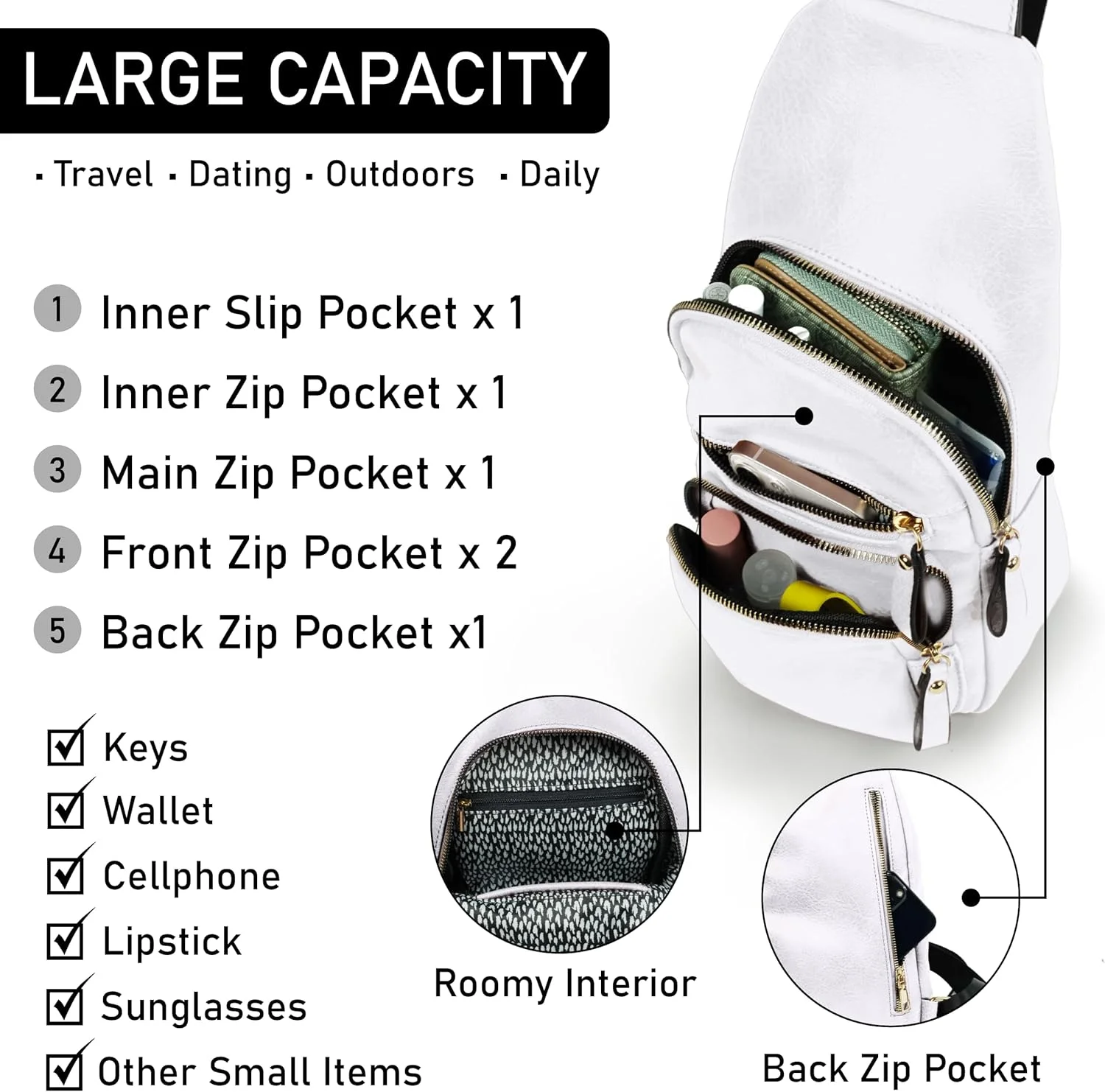 کیف کمری کوچک امپریا، کیف دوشی، کوله پشتی مسافرتی، کیف سینه، هدیه برای زنان و مردان، سفید، تک سایز