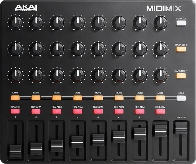 میکسر قابل حمل Akai Midimix / کنترلر DAW، دارای 8 فیدر خطی مجزا، 16 دکمه در 2 بانک، 1 فیدر اصلی، مپینگ 1 به 1 با Ableton Live | Midimix