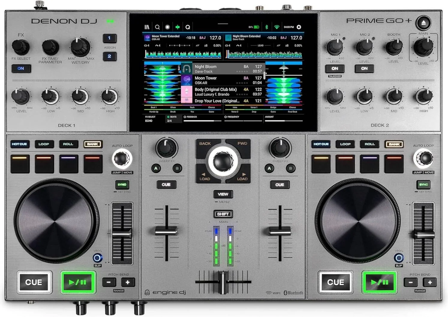 کنترلر دی‌جی پرایم گو+ قابل حمل Denon DJ با جداسازی ساقه، 2 دک، پخش جریانی Wi-Fi، بلوتوث، کنترل نور، صفحه نمایش 7 اینچی و باتری | PrimeGo+