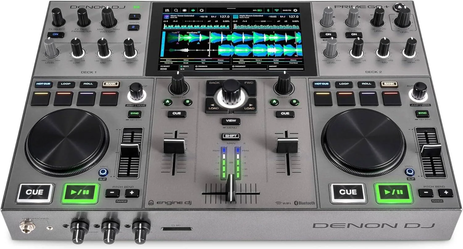 کنترلر دی‌جی پرایم گو+ قابل حمل Denon DJ با جداسازی ساقه، 2 دک، پخش جریانی Wi-Fi، بلوتوث، کنترل نور، صفحه نمایش 7 اینچی و باتری | PrimeGo+
