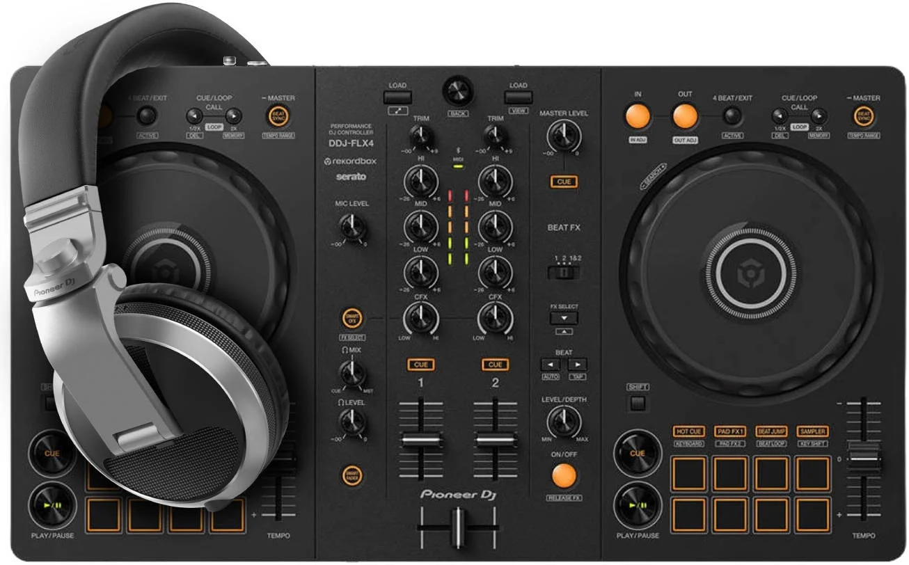 کیت آغاز به کار DJ نسخه 2 - پایونیر DJ DDJ-FLX4 + پایونیر DJ HDJ-X5- نقره ای | بسته نرم افزاری DJ مدل های DDJ-FLX4 / HDJ-X5-S