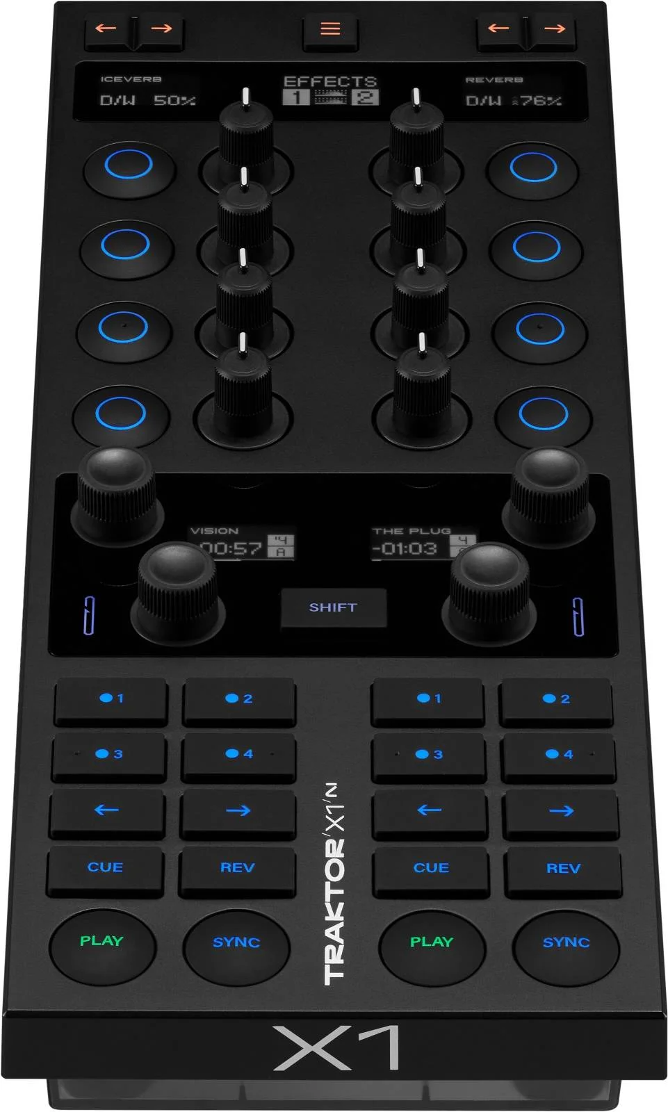 کنترلر دی‌جی USB قابل حمل Native Instruments Traktor X1 MK3، صفحه‌نمایش OLED 5 اینچی، هاب USB سه پورت، 34 دکمه با نور پس‌زمینه، 4 رمزگذار بی‌نهایت، بازخورد بصری واضح، مشکی | 2970
