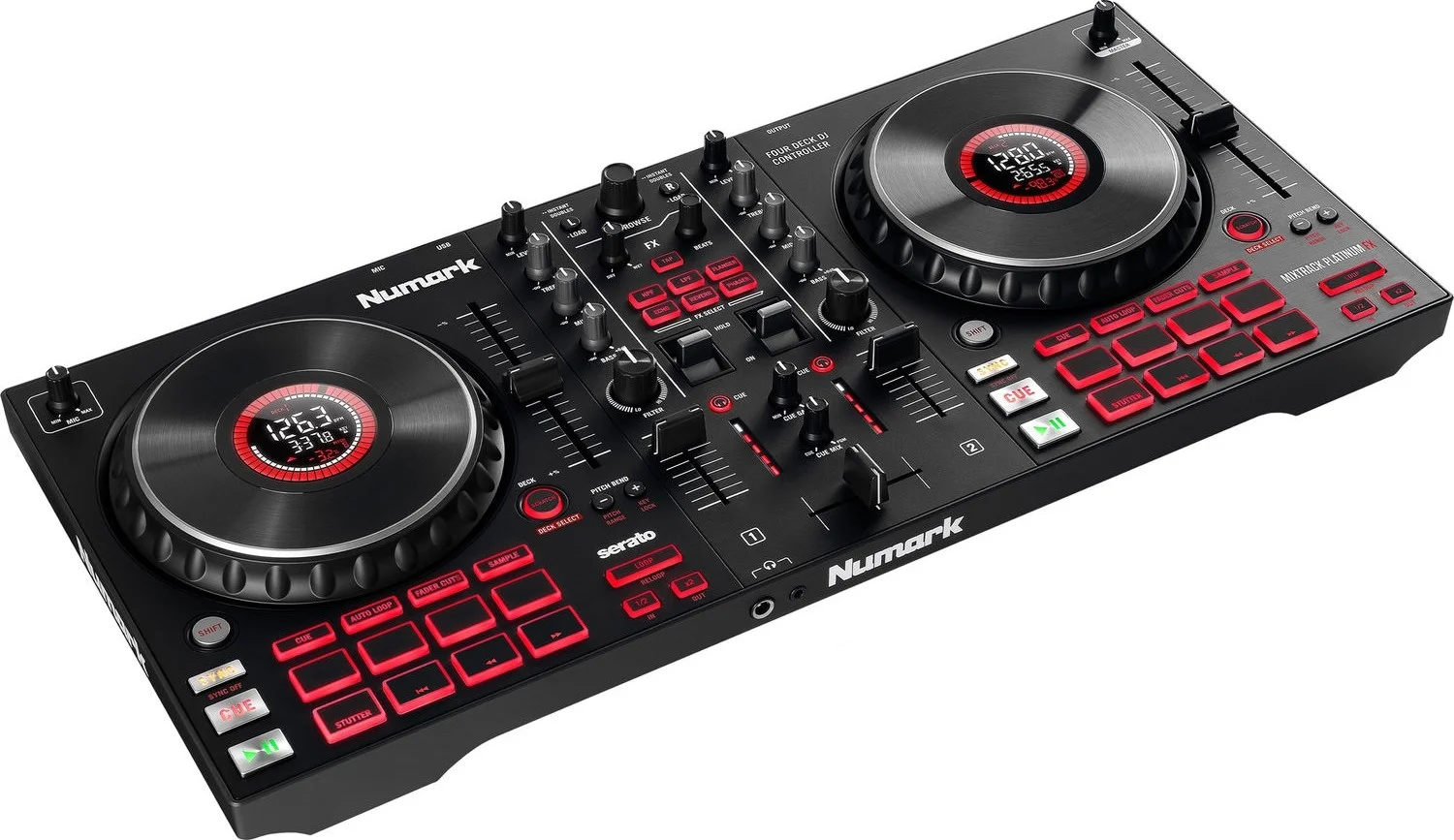 کنترلر دی‌جی 4 کاناله Numark Mixtrack Platinum FX با نمایشگر چرخ جاگ، تریگرهای پدال FX، شانزده پد، Serato DJ Lite، مشکی، Mixtrack Platinum FX | MIXTRACKPLATINUMFX