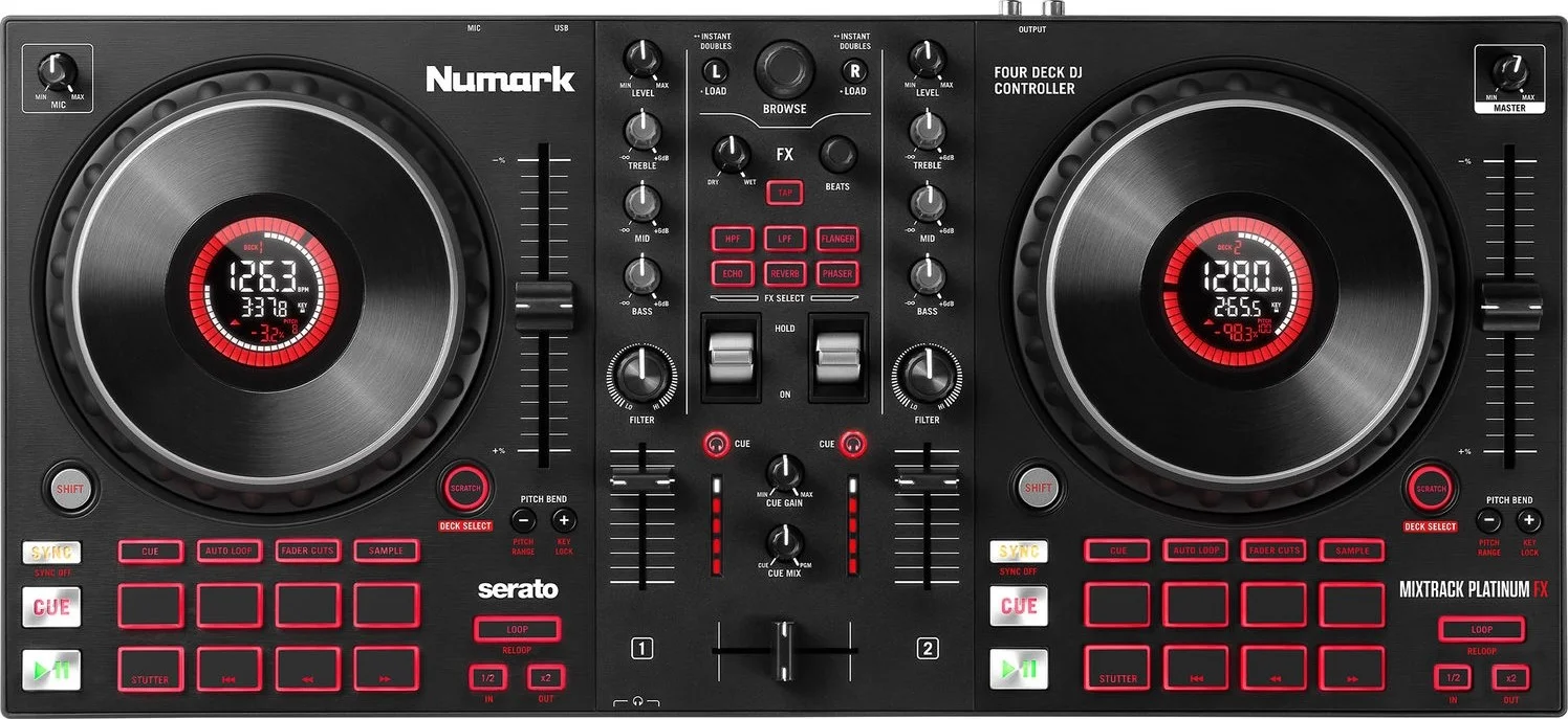 کنترلر دی‌جی 4 کاناله Numark Mixtrack Platinum FX با نمایشگر چرخ جاگ، تریگرهای پدال FX، شانزده پد، Serato DJ Lite، مشکی، Mixtrack Platinum FX | MIXTRACKPLATINUMFX