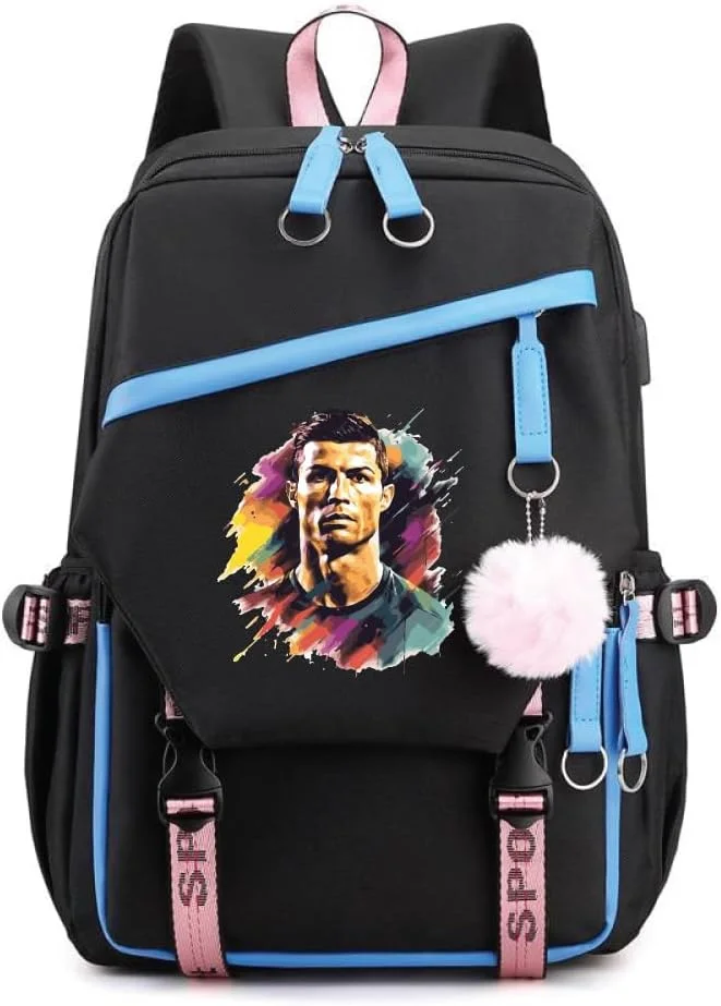 کوله پشتی چاپی فوتبالی ابرقهرمانی رونالدو - کیف مسافرتی شیک دانشجویی با پورت شارژ USB - ایده آل برای طرفداران ورزش فوتبال - مدرسه یا گردش های غیر رسمی