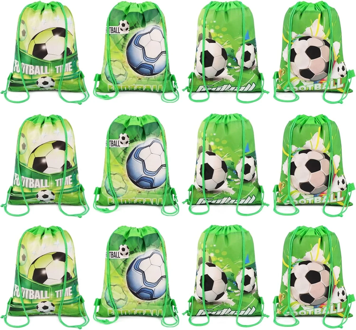 کیف های بند دار طرح فوتبال، بسته 12 عددی کیف های هدیه پارچه ای غیر بافته قابل استفاده مجدد، کیف های اسباب بازی و شیرینی برای کودکان، لوازم مهمانی با تم فوتبال، کیف هدیه طرح فوتبال برای تولد، سبز