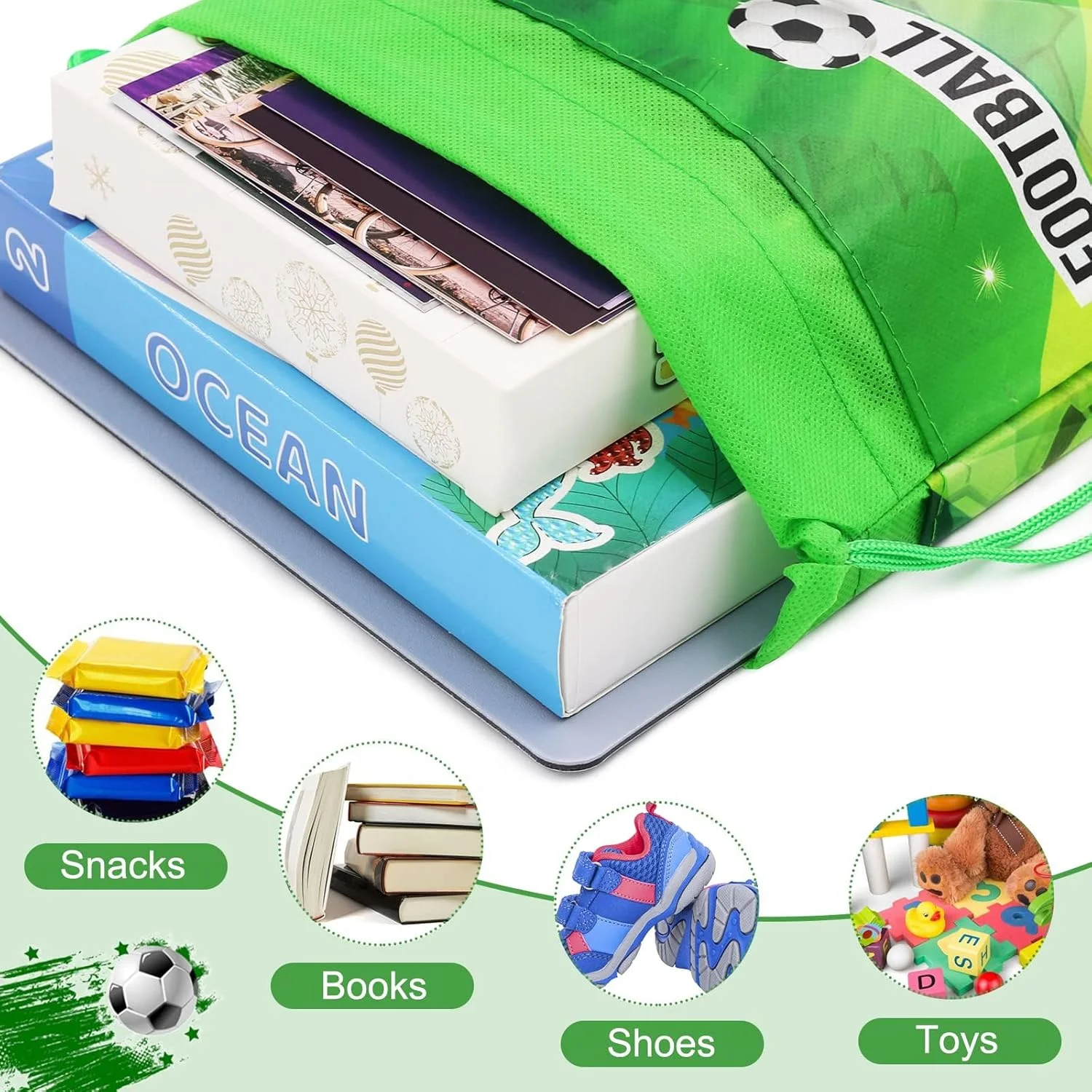 کیف های بند دار طرح فوتبال، بسته 12 عددی کیف های هدیه پارچه ای غیر بافته قابل استفاده مجدد، کیف های اسباب بازی و شیرینی برای کودکان، لوازم مهمانی با تم فوتبال، کیف هدیه طرح فوتبال برای تولد، سبز
