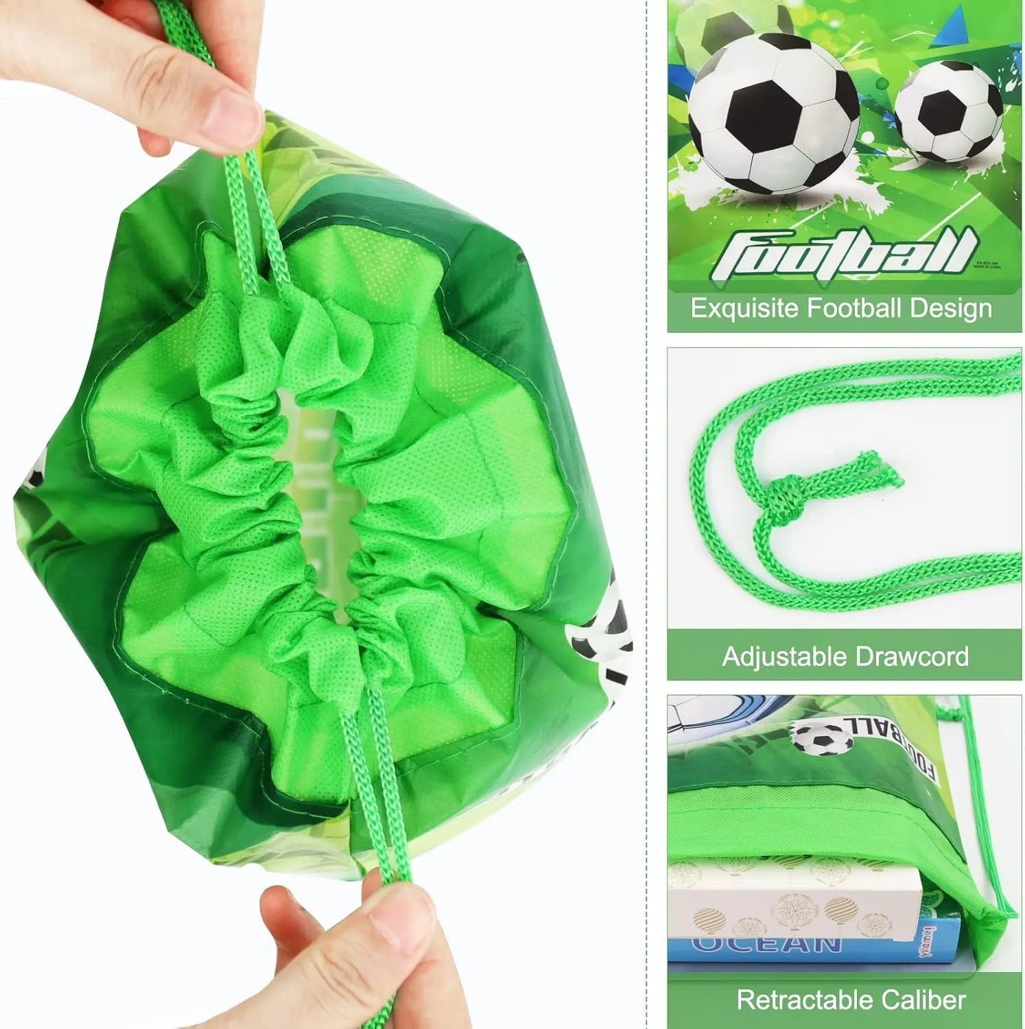 کیف های بند دار طرح فوتبال، بسته 12 عددی کیف های هدیه پارچه ای غیر بافته قابل استفاده مجدد، کیف های اسباب بازی و شیرینی برای کودکان، لوازم مهمانی با تم فوتبال، کیف هدیه طرح فوتبال برای تولد، سبز