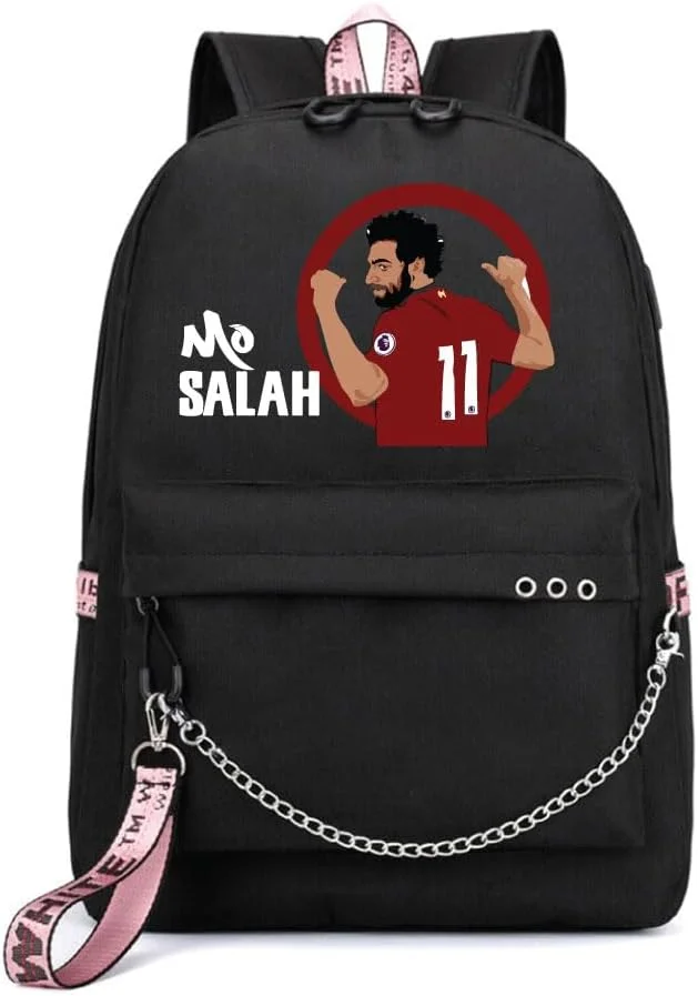 کوله پشتی چاپی فوتبالی ابرقهرمان محمد صلاح - مناسب برای طرفداران ورزش فوتبال برای مدرسه - کیف مسافرتی با پورت شارژ USB برای پسران - مشکی