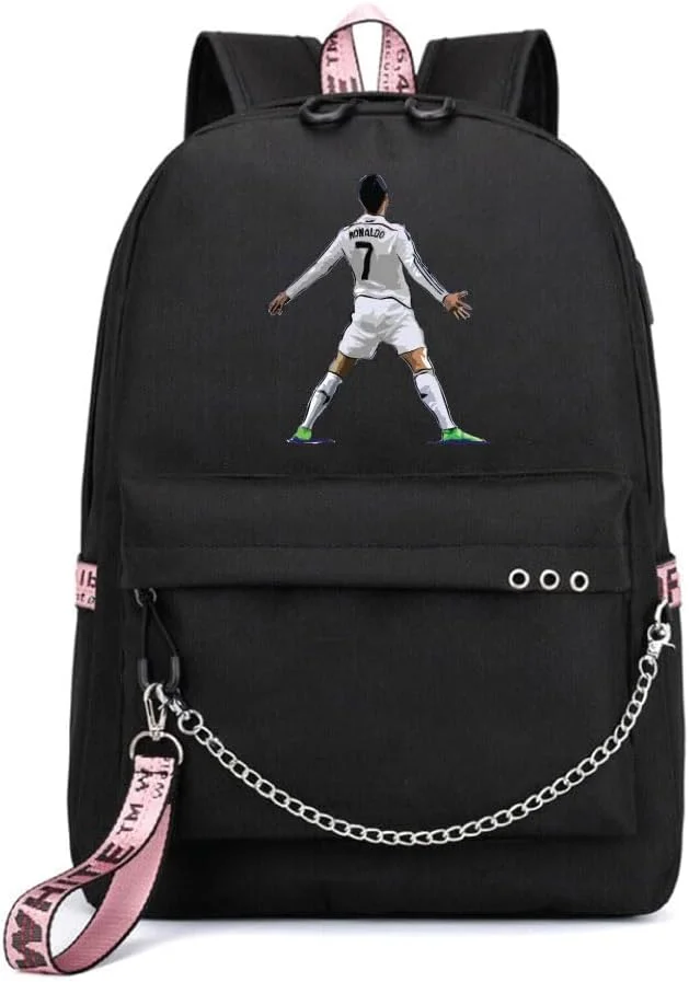 کوله پشتی چاپی رونالدو - مناسب برای طرفداران ورزش فوتبال برای مدرسه - کیف مسافرتی با پورت شارژ USB برای پسران