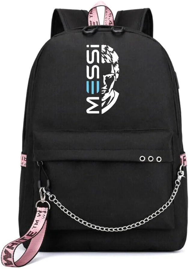 کوله پشتی چاپی فوق ستاره فوتبال با طرح مسی - مناسب برای طرفداران ورزش فوتبال برای مدرسه - کیف مسافرتی با پورت شارژ USB برای پسران - مشکی