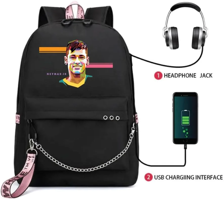 کوله پشتی چاپی فوق ستاره فوتبال نیمار - مناسب برای طرفداران ورزش فوتبال برای مدرسه - کیف مسافرتی با پورت شارژ USB برای پسران