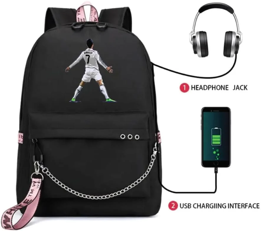 کوله پشتی چاپی رونالدو - مناسب برای طرفداران ورزش فوتبال برای مدرسه - کیف مسافرتی با پورت شارژ USB برای پسران