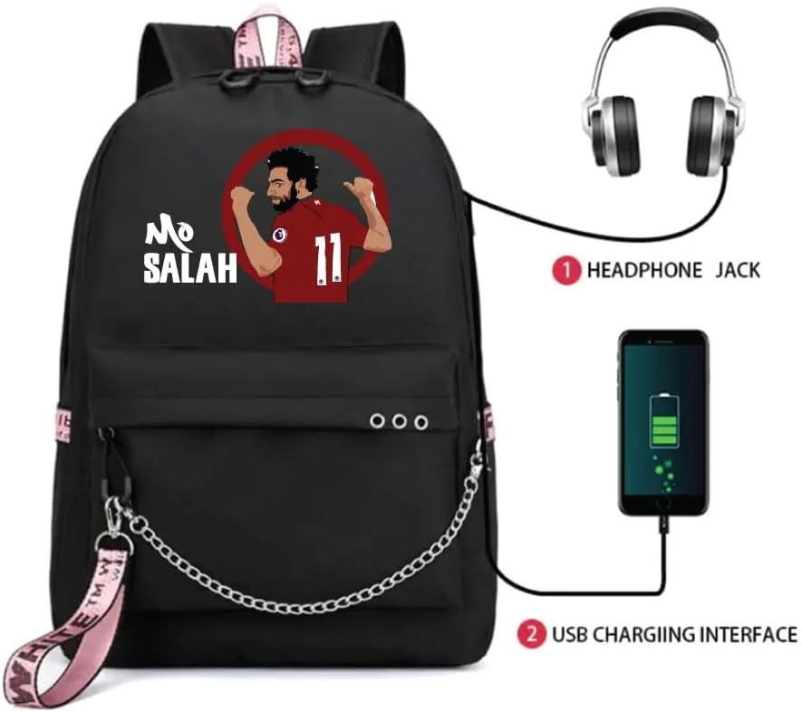 کوله پشتی چاپی فوتبالی ابرقهرمان محمد صلاح - مناسب برای طرفداران ورزش فوتبال برای مدرسه - کیف مسافرتی با پورت شارژ USB برای پسران - مشکی