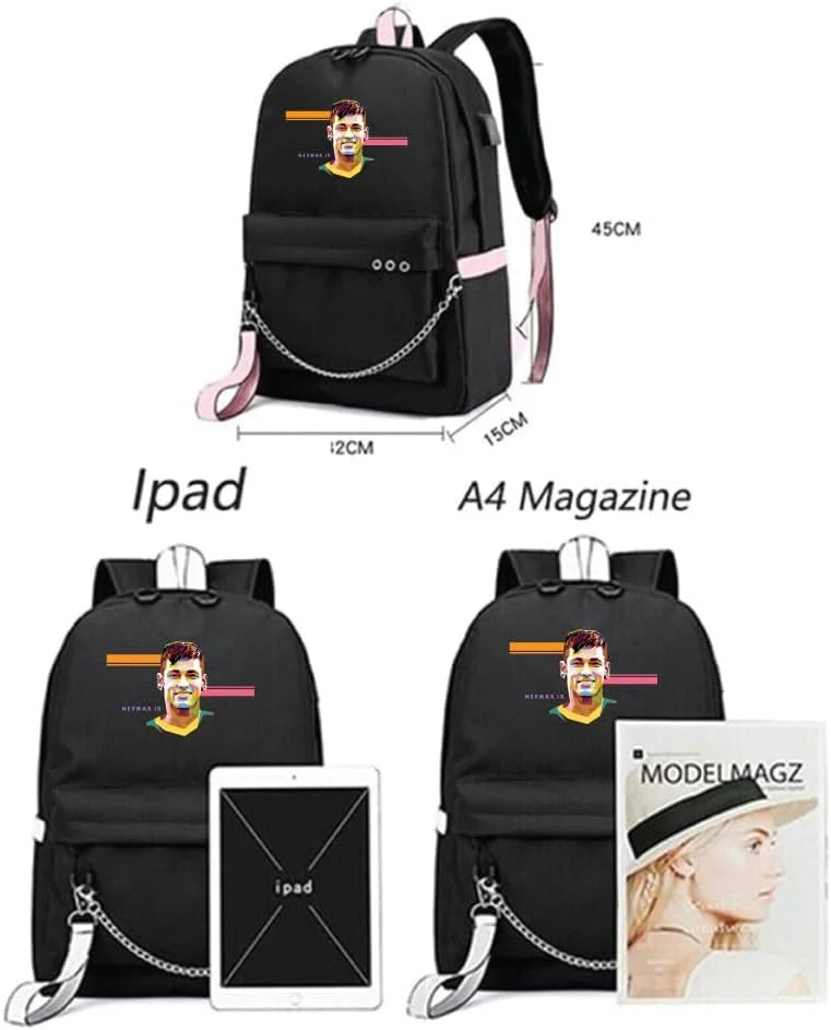 کوله پشتی چاپی فوق ستاره فوتبال نیمار - مناسب برای طرفداران ورزش فوتبال برای مدرسه - کیف مسافرتی با پورت شارژ USB برای پسران