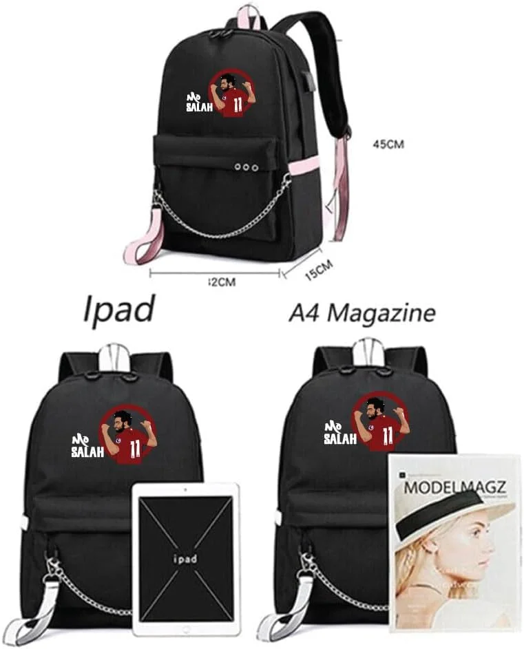کوله پشتی چاپی فوتبالی ابرقهرمان محمد صلاح - مناسب برای طرفداران ورزش فوتبال برای مدرسه - کیف مسافرتی با پورت شارژ USB برای پسران - مشکی