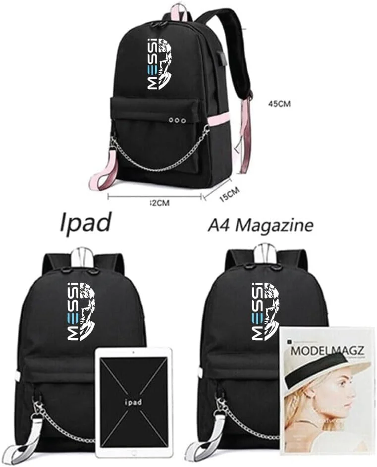 کوله پشتی چاپی فوق ستاره فوتبال با طرح مسی - مناسب برای طرفداران ورزش فوتبال برای مدرسه - کیف مسافرتی با پورت شارژ USB برای پسران - مشکی