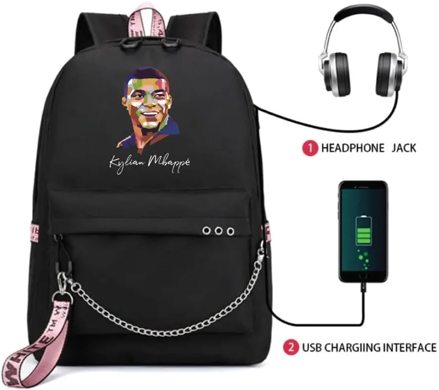 کوله پشتی چاپی فوتبالی طرح امباپه - مناسب برای طرفداران ورزش فوتبال برای مدرسه - کیف مسافرتی با پورت شارژ USB برای پسران - مشکی