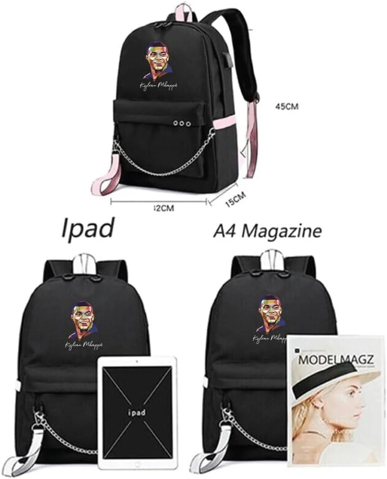 کوله پشتی چاپی فوتبالی طرح امباپه - مناسب برای طرفداران ورزش فوتبال برای مدرسه - کیف مسافرتی با پورت شارژ USB برای پسران - مشکی