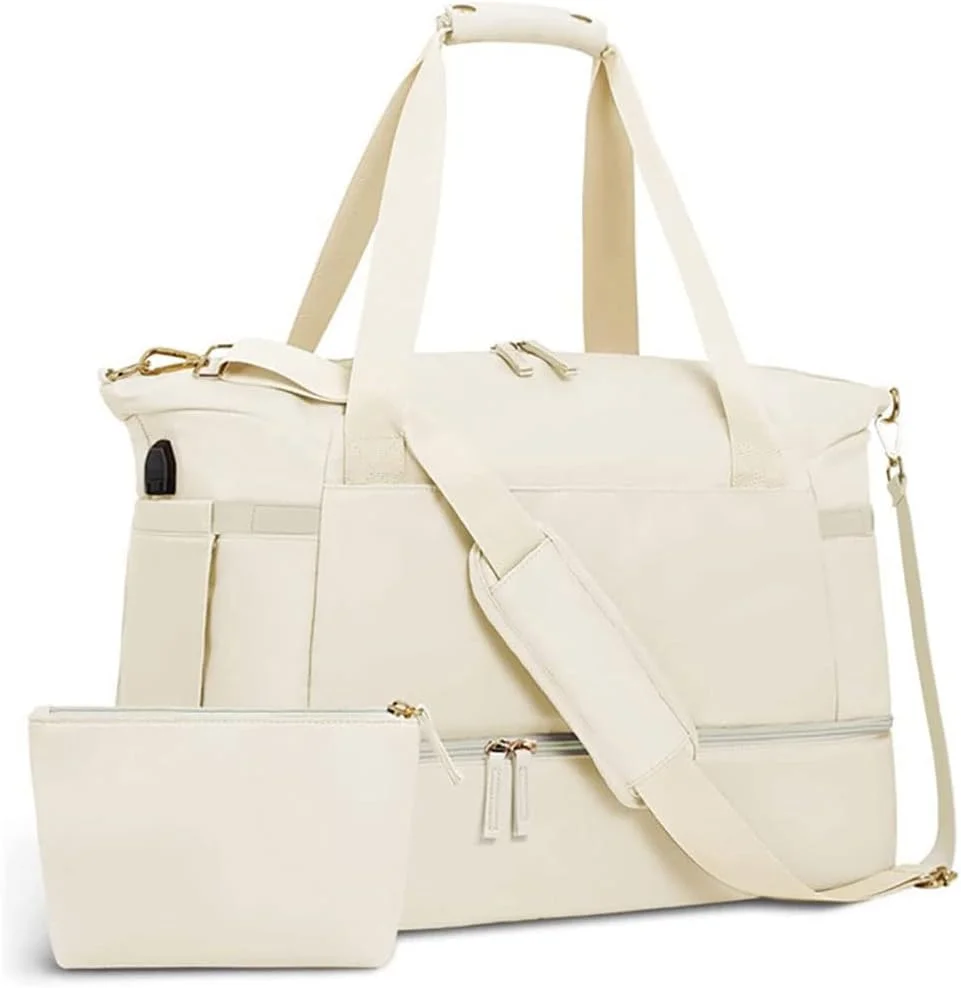 کیف ورزشی فانیتو زنانه، کیف دافل مسافرتی ورزشی با پورت شارژ USB، کیف آخر هفته برای سفر یک شبه با جیب خیس و محفظه کفش برای سفر، باشگاه، یوگا، مدرسه (بژ)