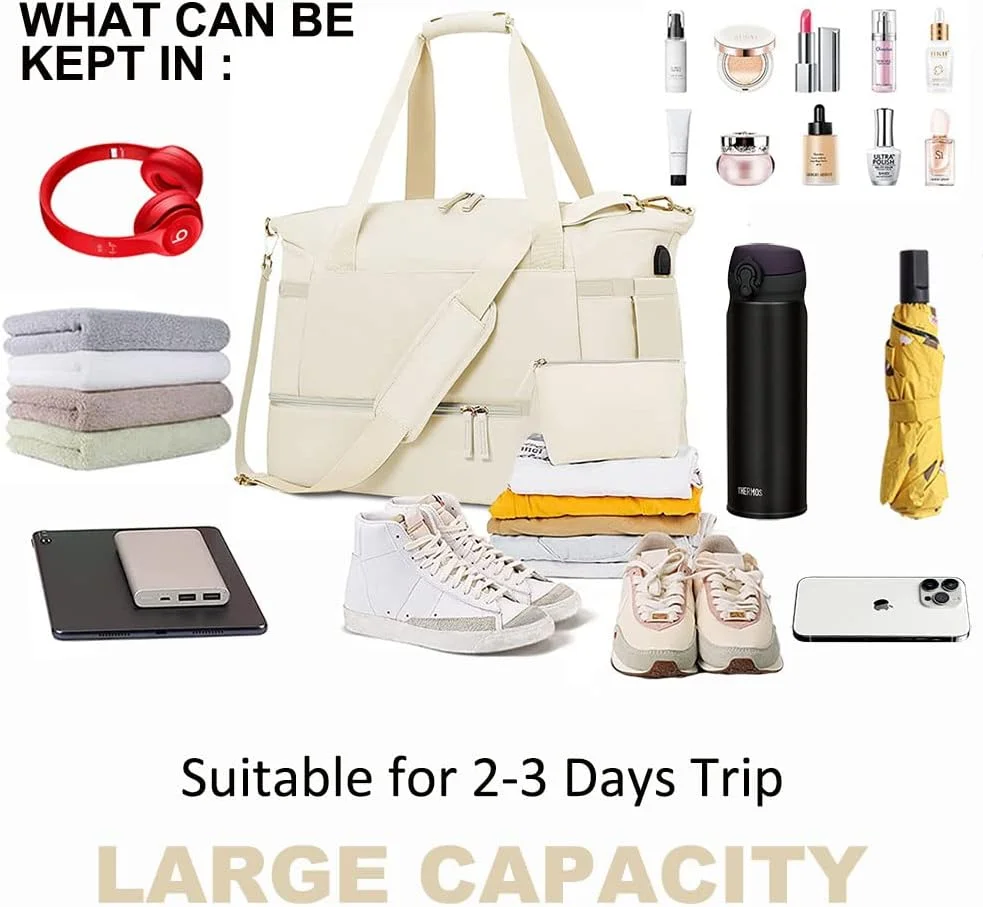 کیف ورزشی فانیتو زنانه، کیف دافل مسافرتی ورزشی با پورت شارژ USB، کیف آخر هفته برای سفر یک شبه با جیب خیس و محفظه کفش برای سفر، باشگاه، یوگا، مدرسه (بژ)