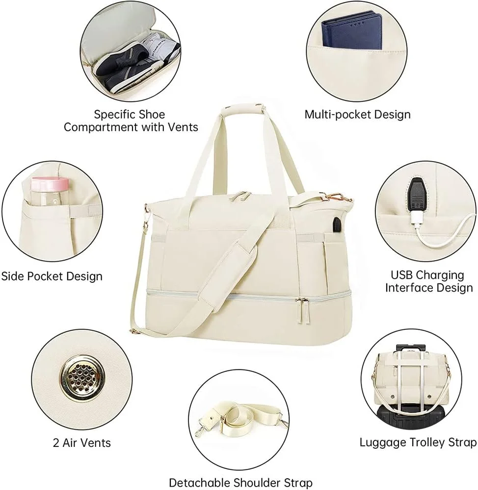 کیف ورزشی فانیتو زنانه، کیف دافل مسافرتی ورزشی با پورت شارژ USB، کیف آخر هفته برای سفر یک شبه با جیب خیس و محفظه کفش برای سفر، باشگاه، یوگا، مدرسه (بژ)