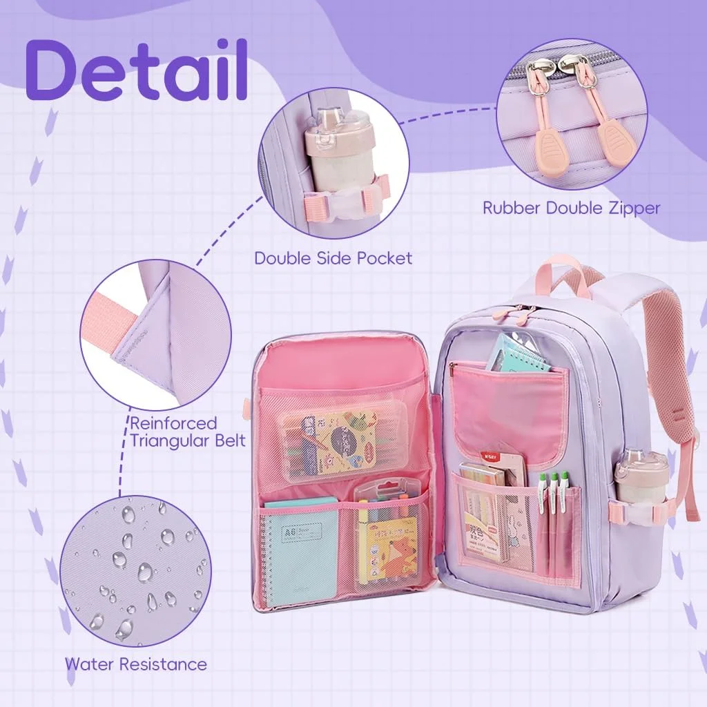 کیف مدرسه ای کاوایی دخترانه، کوله پشتی بزرگ کارتونی با بندهای پد دار، کیف مدرسه ای زیبا برای دانش آموزان ابتدایی 6-12 سال، ابعاد 46x6x38 سانتی متر