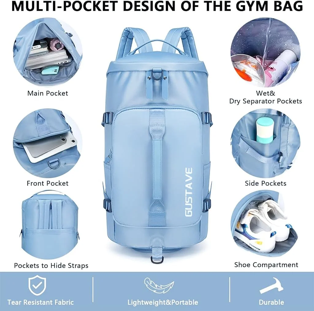 کیف ورزشی زنانه مردانه با محفظه کفش، کوله پشتی مسافرتی چند محفظه ای ضد آب 30 لیتری، کیف ورزشی پارچه آکسفورد برای یوگا، تمرین و مسافرت (آبی آسمانی)
