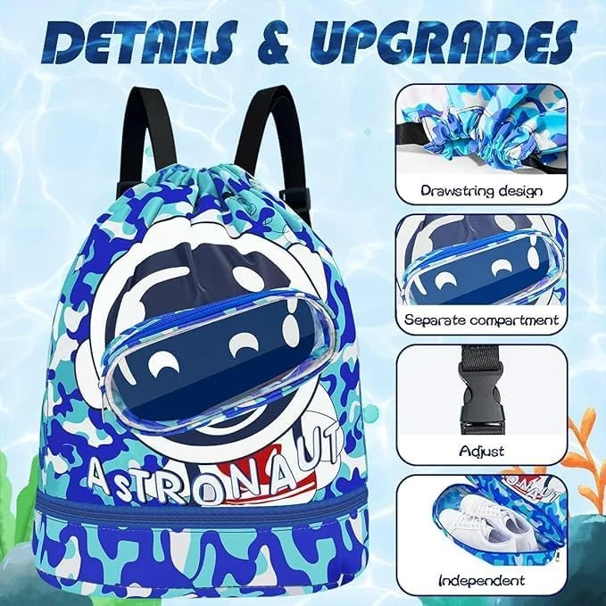 کوله پشتی شنا برای کودکان، کیف نگهداری ضد آب با قابلیت جداسازی خشک و مرطوب، کوله پشتی بند دار قابل حمل برای ورزشگاه، ورزش، ساحل، استخر، کیف ورزشی دخترانه و پسرانه.