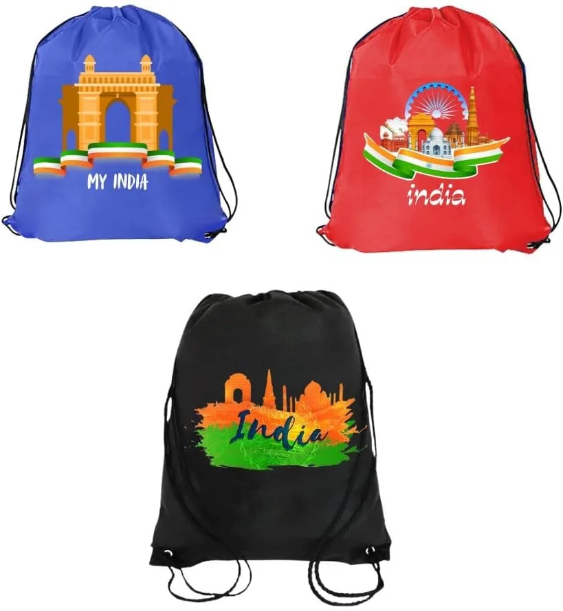 ست ۳ عددی کیف بند دار طرح هند برای روز جمهوری - کوله پشتی ورزشی بادوام برای کودکان، عالی برای مدرسه و دانشگاه، استفاده روزمره، سبک وزن با طرح چاپی - ایده آل برای روز جمهوری هند