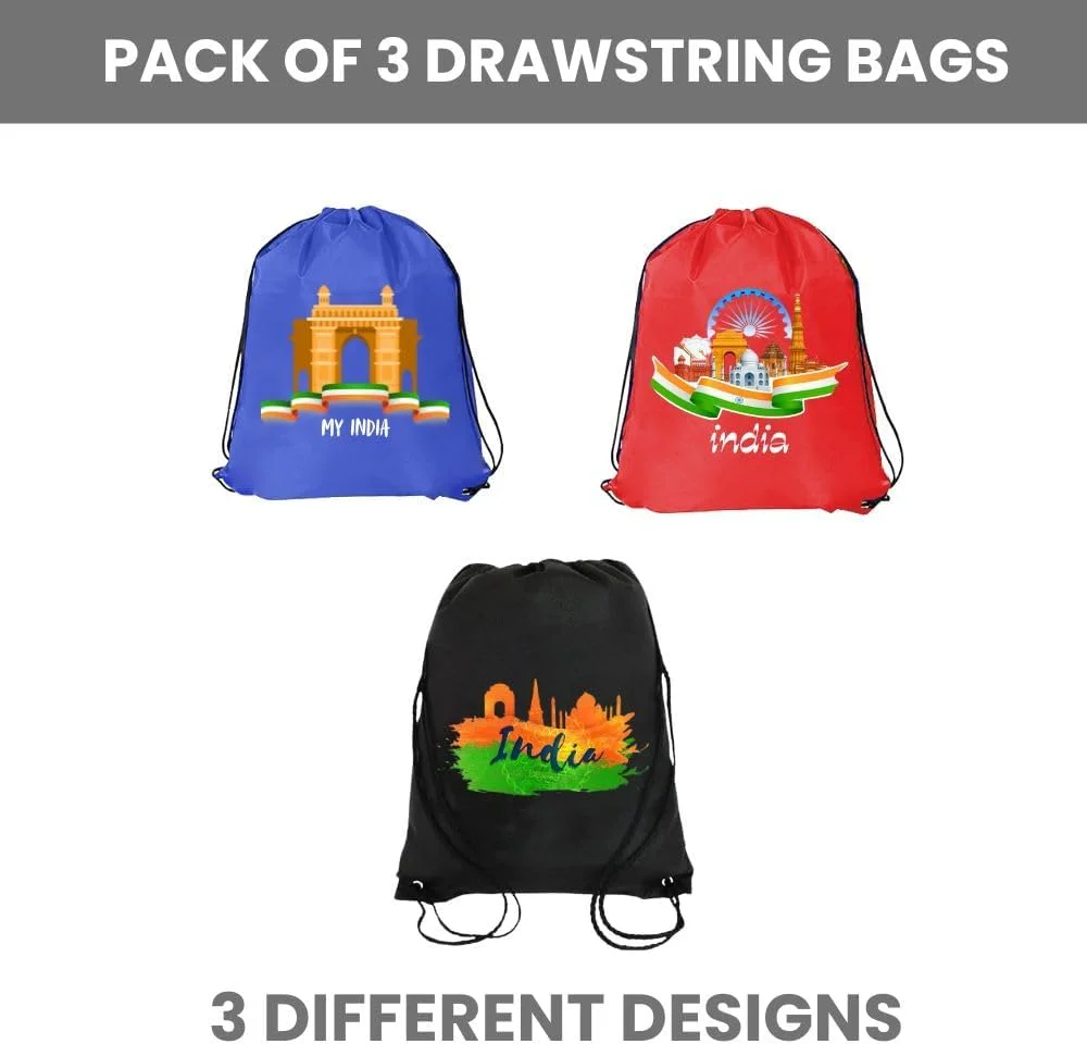 ست ۳ عددی کیف بند دار طرح هند برای روز جمهوری - کوله پشتی ورزشی بادوام برای کودکان، عالی برای مدرسه و دانشگاه، استفاده روزمره، سبک وزن با طرح چاپی - ایده آل برای روز جمهوری هند