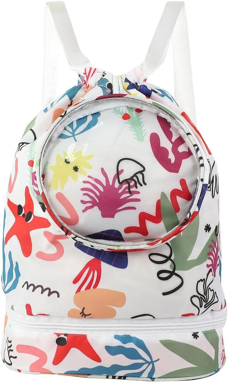 کیف بندکشی KASTWAVE، کیف شنای کودکان، کیف شنای ضد آب با ظرفیت زیاد، کوله پشتی ساحلی با قابلیت جداسازی خشک و مرطوب با جیب زیپ دار و محفظه کفش، کیف ورزشی ساحلی قابل تنظیم، دنیای دریا