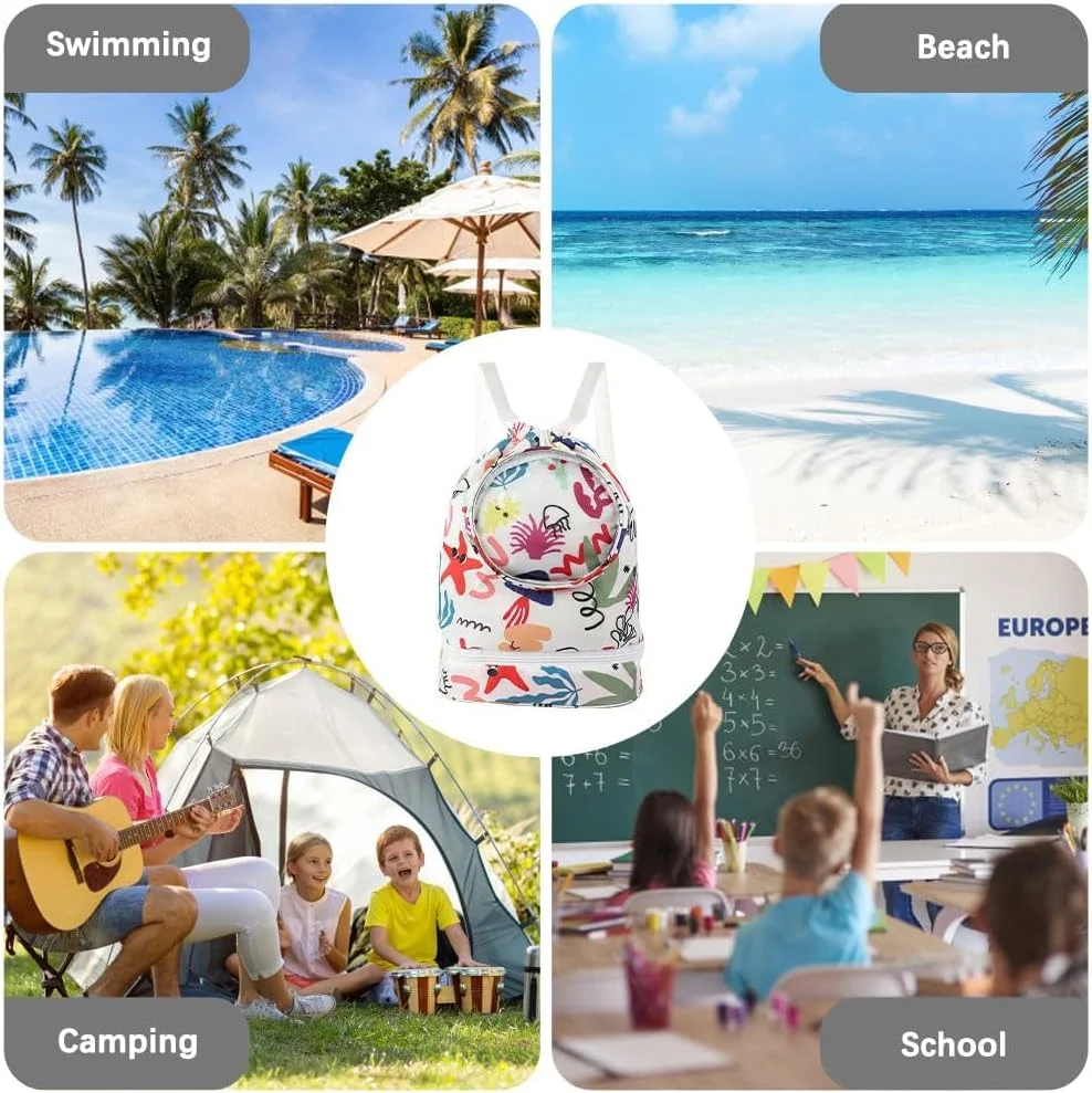 کیف بندکشی KASTWAVE، کیف شنای کودکان، کیف شنای ضد آب با ظرفیت زیاد، کوله پشتی ساحلی با قابلیت جداسازی خشک و مرطوب با جیب زیپ دار و محفظه کفش، کیف ورزشی ساحلی قابل تنظیم، دنیای دریا