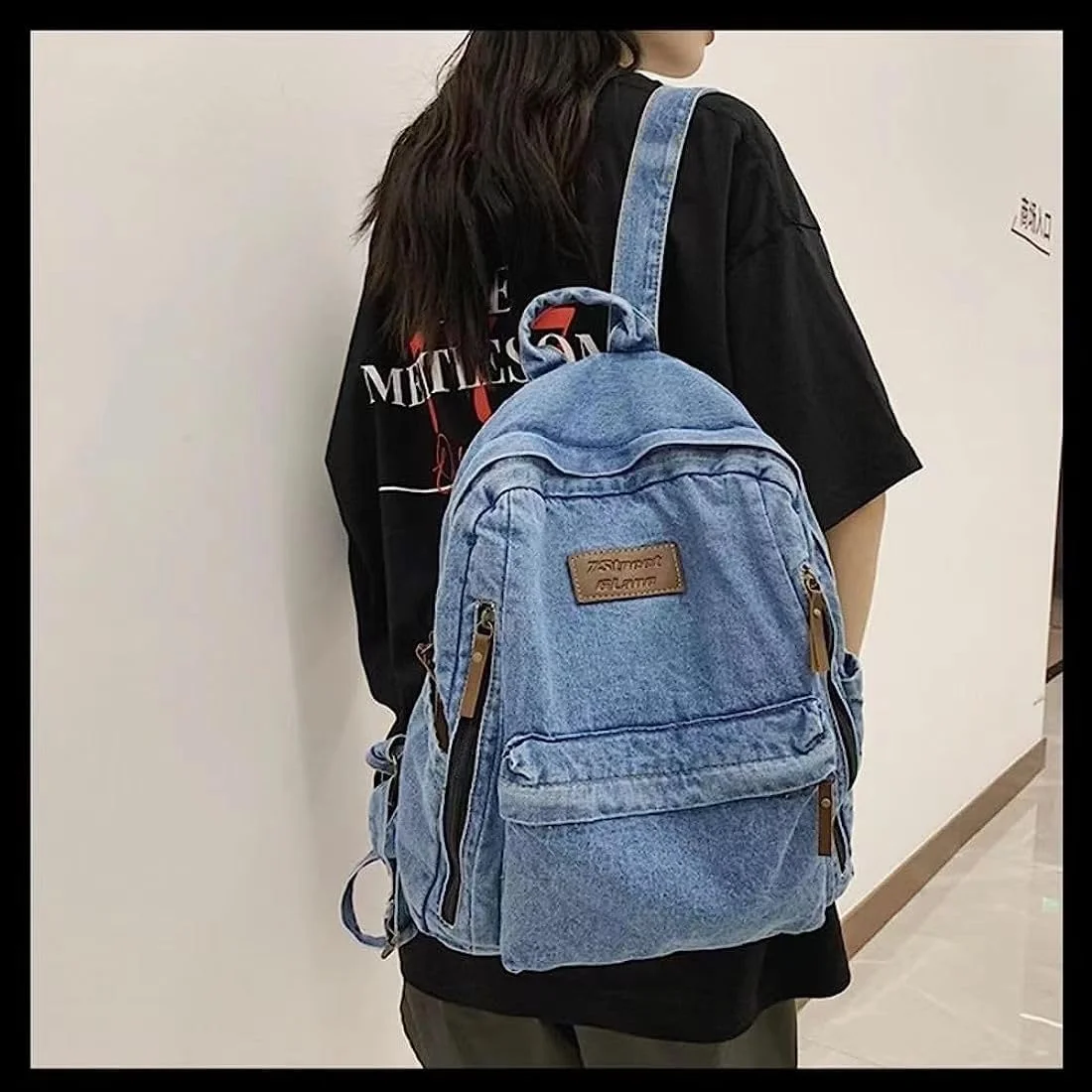 کوله پشتی جین برای زنان و مردان، کوله پشتی طرح کهنه آبی، کوله پشتی لپ تاپ طرح رترو مناسب سفر و کار