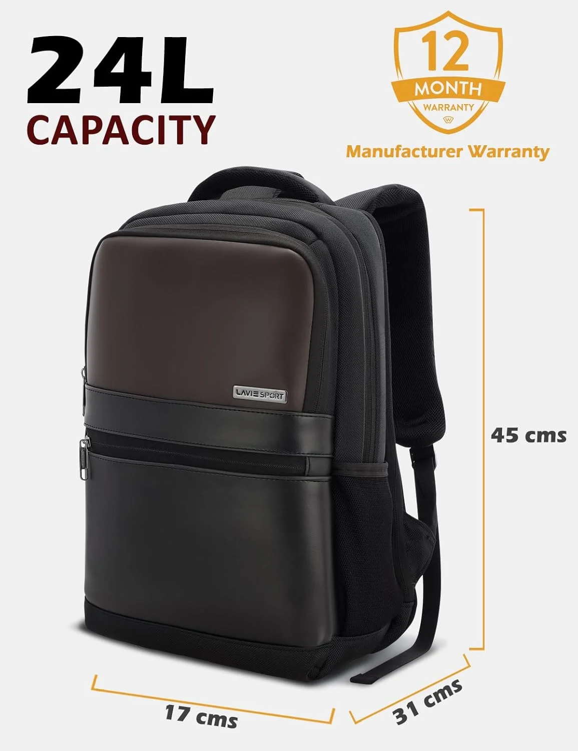  کوله پشتی لپ تاپ 45 سانتی متری Lavie Sport Pioneer با ظرفیت 24 لیتر و آستین ترولی برای آقایان و بانوان | کوله پشتی مسافرتی اداری چرم گیاهی ممتاز | سازگار با نوت بوک/مک بوک تا 14 اینچ