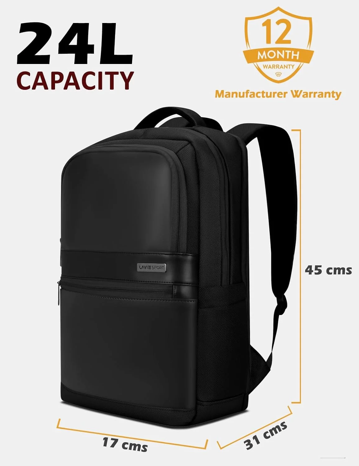  کوله پشتی لپ تاپ 45 سانتی متری Lavie Sport Armour با ظرفیت 24 لیتر و جای مخصوص چرخ دستی، مناسب برای آقایان و بانوان | کوله پشتی اداری و مسافرتی چرم مصنوعی درجه یک | سازگار با نوت بوک/مک بوک تا 14 اینچ