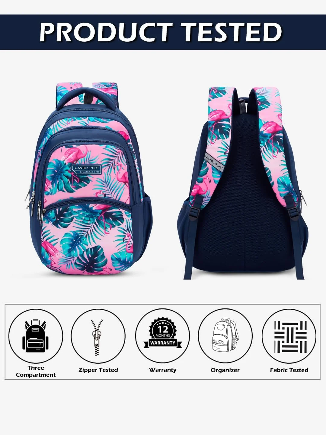 کوله پشتی لاوی اسپرت طرح فلامینگو، ۳۰ لیتری، سرمه ای | دارای محفظه نظم دهنده و جا بطری | هدیه برای آقایان، بانوان، پسران، دختران | دارای جای لپ تاپ برای مدرسه و دانشگاه، سرمه ای، سایز متوسط، کوله پشتی روزمره فلامینگو