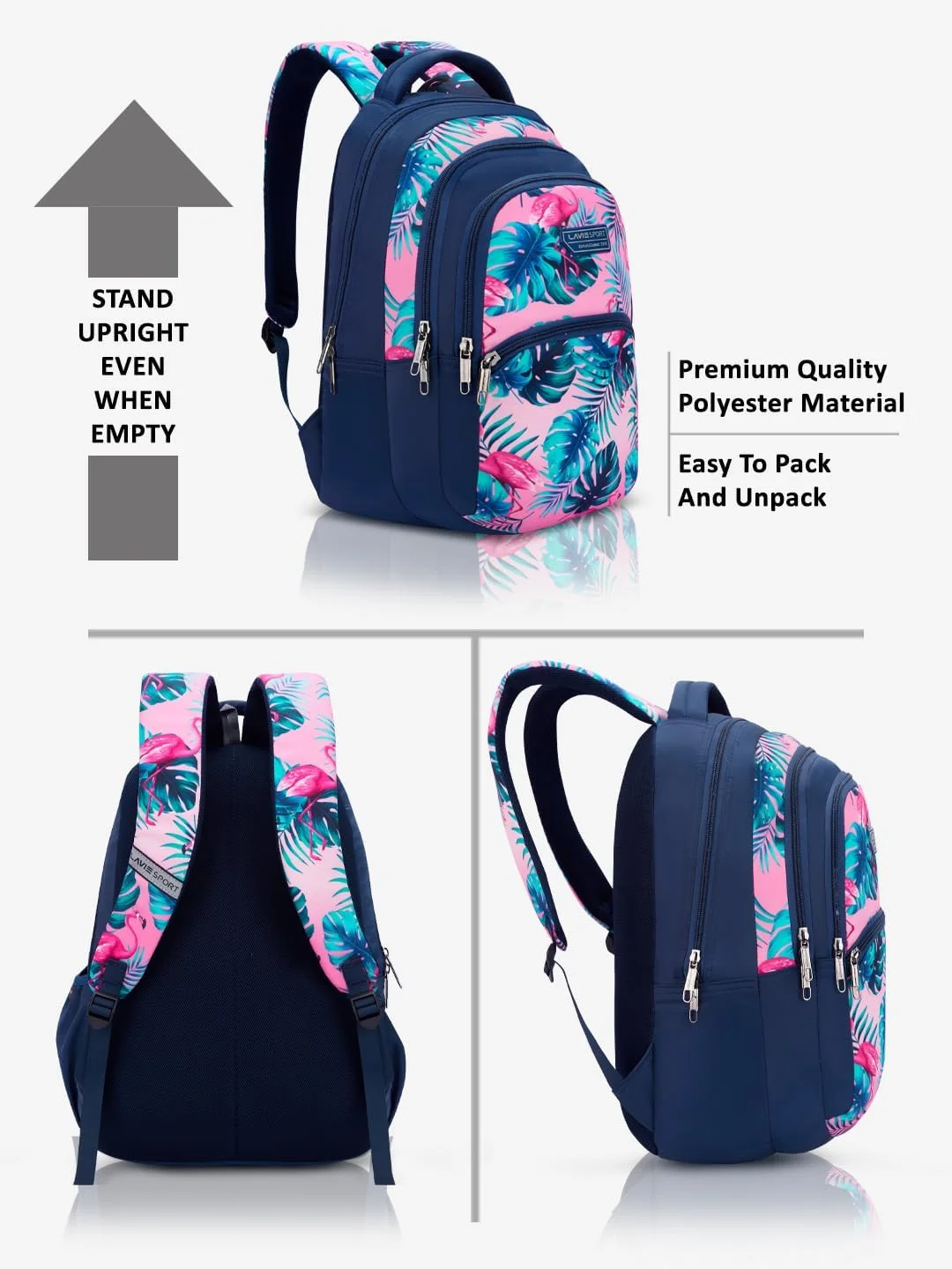 کوله پشتی لاوی اسپرت طرح فلامینگو، ۳۰ لیتری، سرمه ای | دارای محفظه نظم دهنده و جا بطری | هدیه برای آقایان، بانوان، پسران، دختران | دارای جای لپ تاپ برای مدرسه و دانشگاه، سرمه ای، سایز متوسط، کوله پشتی روزمره فلامینگو