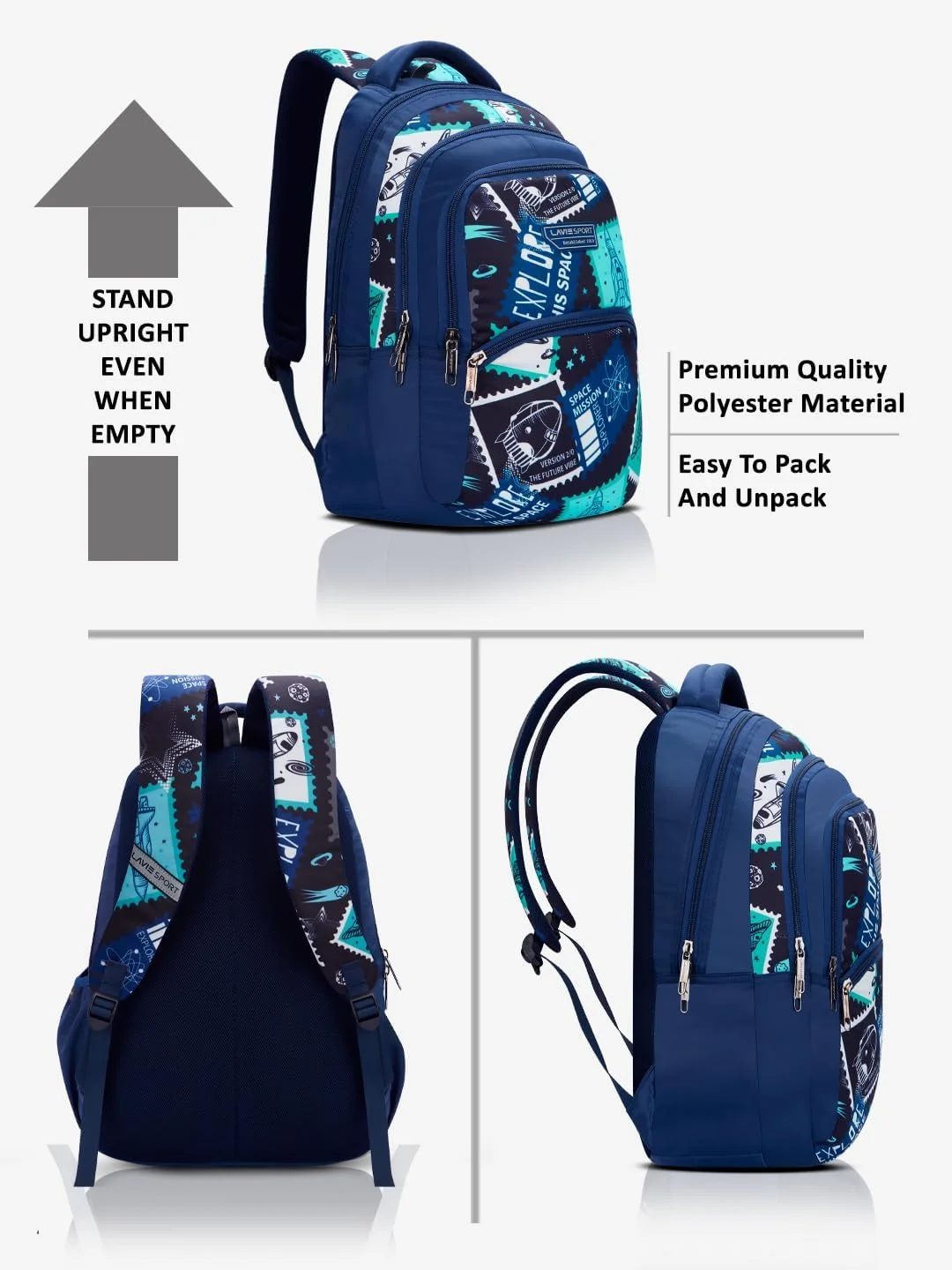  کوله پشتی لاوی اسپورت مدل Spaceship با ظرفیت 30 لیتر، رنگ سرمه ای | دارای محفظه نگهدارنده بطری و لوازم | مناسب برای آقایان، خانم ها، پسران و دختران | دارای جای لپ تاپ برای مدرسه و دانشگاه، سرمه ای، M، کوله پشتی غیر رسمی Spaceship