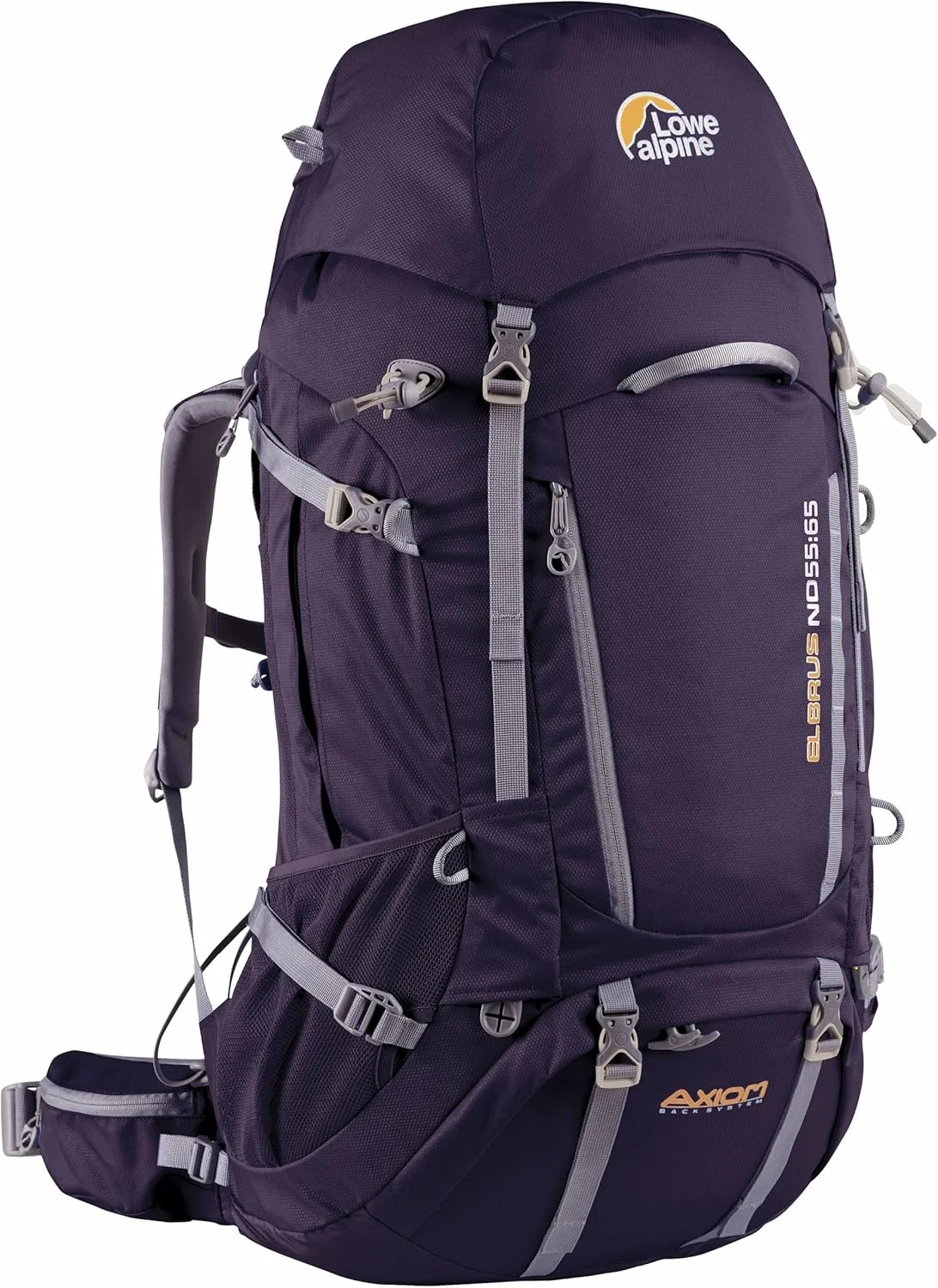 کوله پشتی لو آلپاین آکسیوم البروس ND 55:65L، ظرفیت 55 لیتر، بادمجان/کوارتز