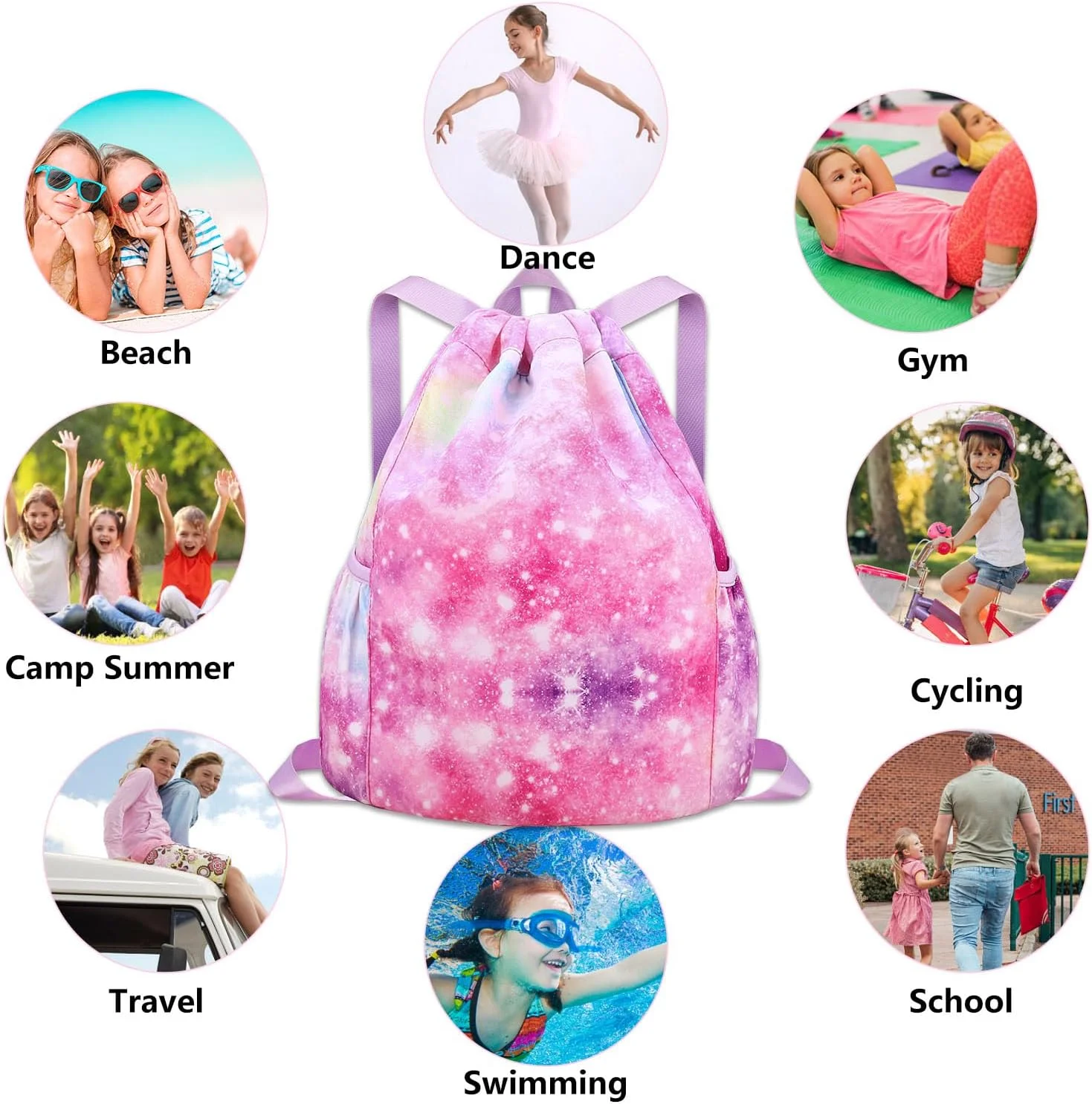 کیف کوله پشتی بند دار بچگانه - کیف رقص دخترانه، کیف ورزشی، ساحلی، شنا، مسافرتی با دو جا قمقمه