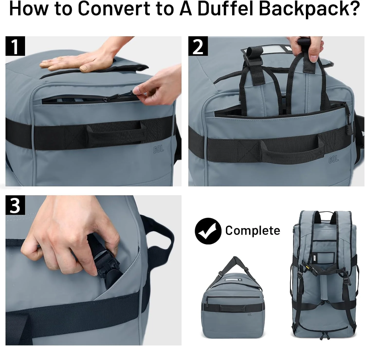 کیف کوله پشتی ضد آب MIER، کیف دافل تبدیل‌شدنی بادوام با بندهای کوله‌پشتی برای باشگاه، ورزش، مسافرت، خاکستری، 60 لیتر، کیف دافل تبدیل‌شدنی بادوام با بندهای کوله‌پشتی