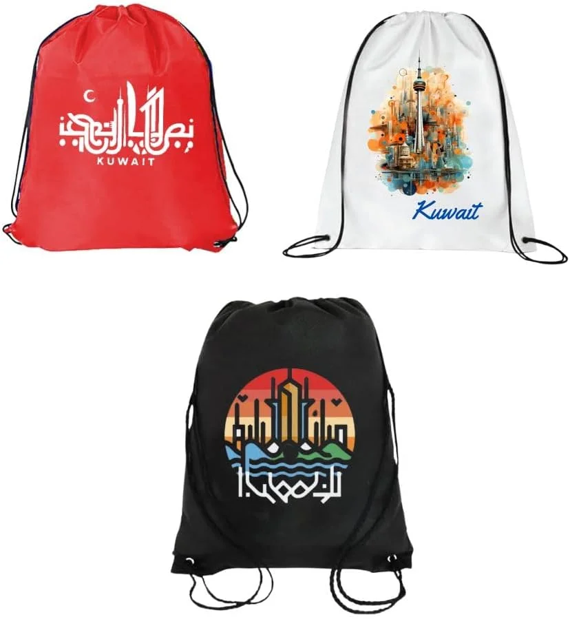 بسته 3 عددی کیف بند دار با طرح کویت برای کودکان و بزرگسالان - کوله پشتی ورزشی بادوام، عالی برای مدرسه و استفاده روزمره، سبک وزن برای فضای باز و روز ملی
