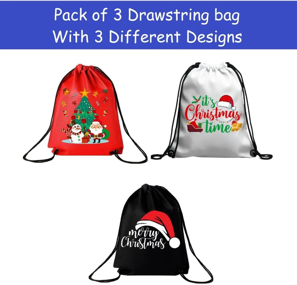 بسته 3 عددی کیف بند دار با طرح کریسمس برای پسران - کوله پشتی ورزشی بادوام برای کودکان، مناسب برای مدرسه و استفاده روزمره، سبک وزن با چاپ کریسمس برای استفاده روزمره