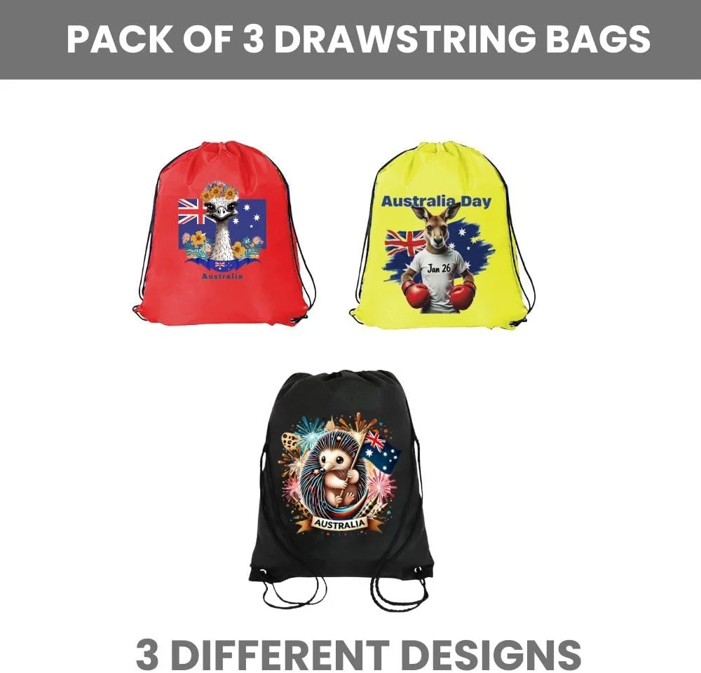 بسته 3 عددی کیف بند دار با طرح استرالیا برای کودکان و بزرگسالان - کوله پشتی ورزشی بادوام، عالی برای مدرسه و استفاده روزمره، سبک وزن با طرح استرالیا برای فضای باز