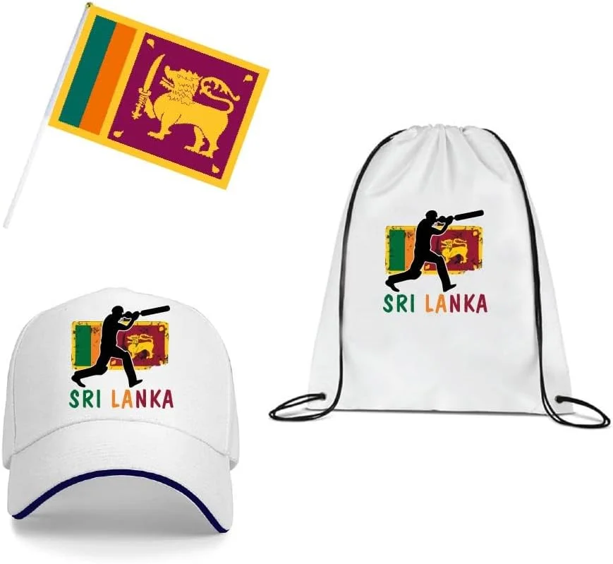 مجموعه لوازم هواداری ورزشی سریلانکا - بسته 3 عددی - کیف بند دار، پرچم دستی و کلاه - مجموعه لوازم هواداران ورزش سریلانکا - ایده آل برای مسابقات و رویدادهای ورزشی