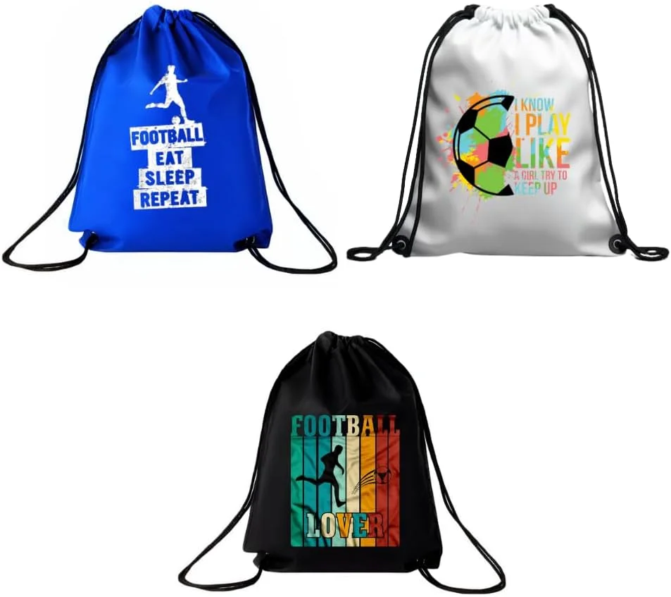 بسته 3 عددی کیف بند دار با طرح توپ فوتبال - کوله پشتی ورزشی بادوام برای بزرگسالان، مناسب برای باشگاه، مسافرت و استفاده روزمره، سبک وزن با چاپ توپ فوتبال برای استفاده روزمره