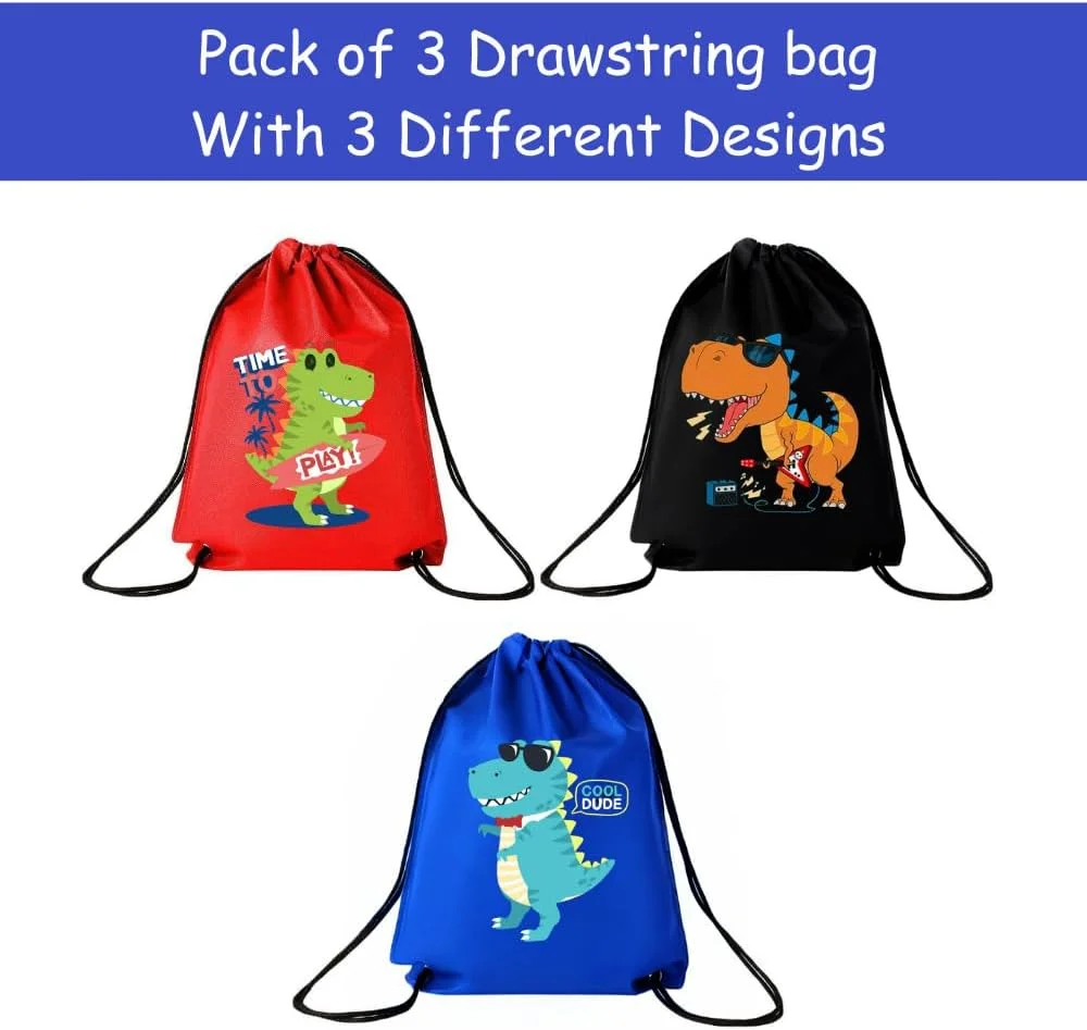 ست ۳ عددی کیف بند دار با طرح دایناسور برای پسران - کوله پشتی ورزشی بادوام برای کودکان، عالی برای مدرسه و استفاده روزمره، سبک وزن با چاپ دایناسور برای استفاده روزمره