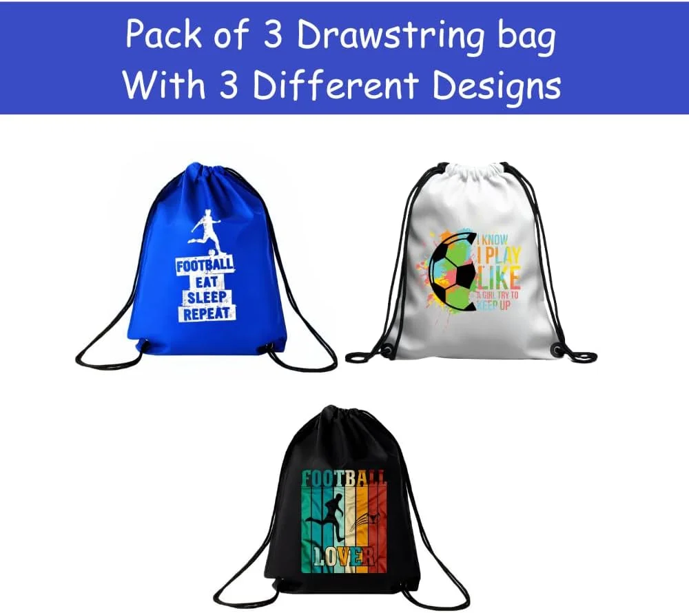 بسته 3 عددی کیف بند دار با طرح توپ فوتبال - کوله پشتی ورزشی بادوام برای بزرگسالان، مناسب برای باشگاه، مسافرت و استفاده روزمره، سبک وزن با چاپ توپ فوتبال برای استفاده روزمره