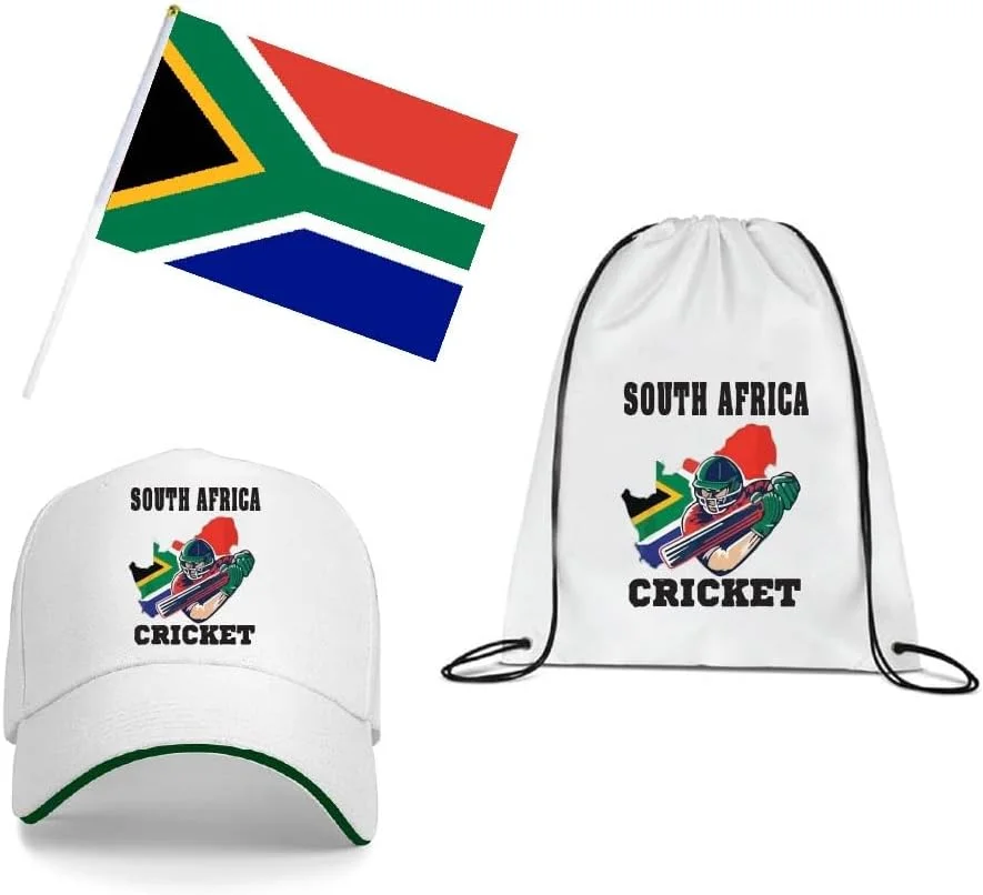 مجموعه لوازم طرفداران ورزشی آفریقای جنوبی - بسته 3 عددی - کیف بند دار، پرچم دستی و کلاه - مجموعه لوازم طرفداران ورزشی آفریقای جنوبی - ایده آل برای مسابقات و رویدادهای ورزشی